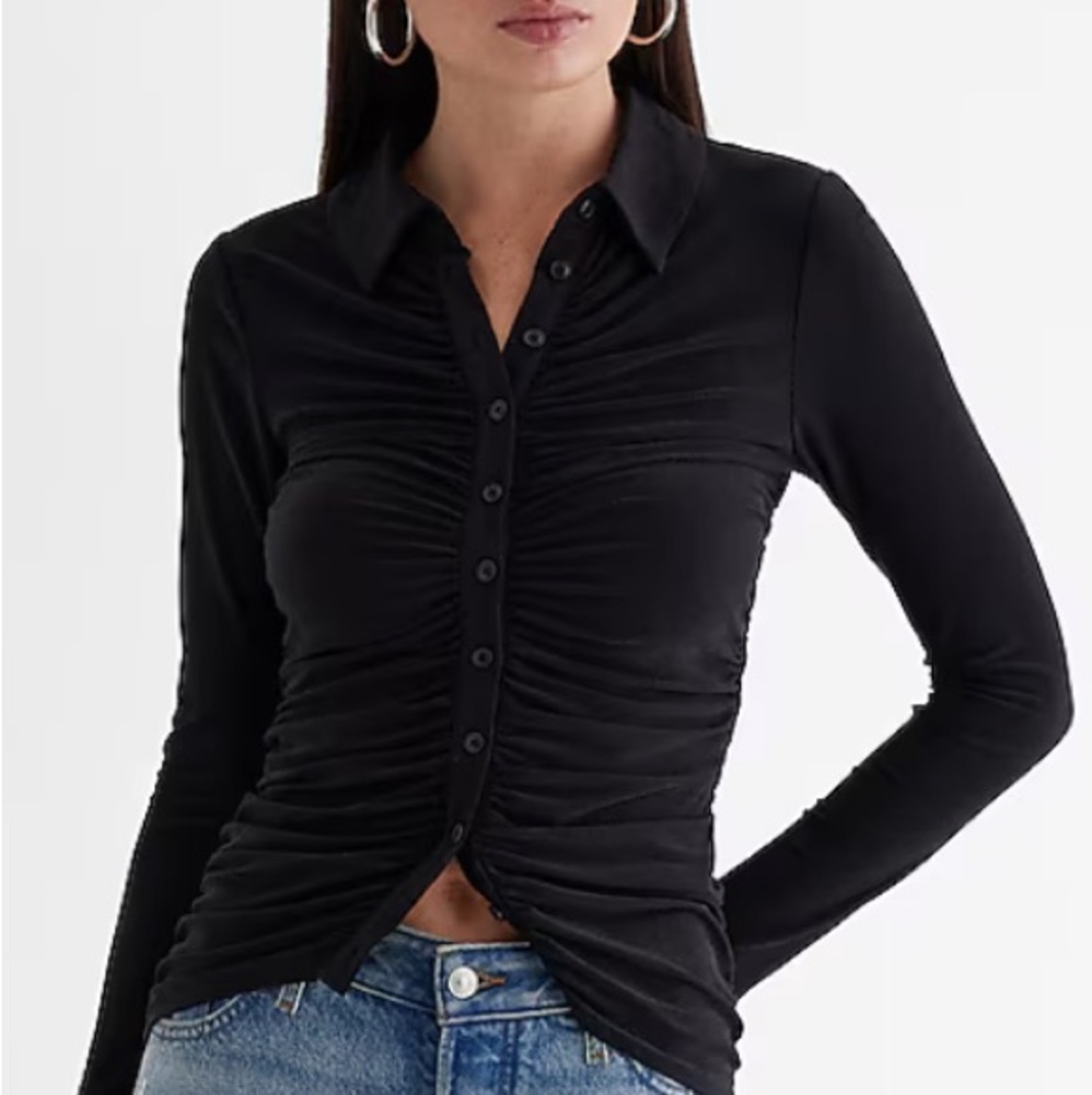 Express Ruched Long Sleeve Button Up Polo Top
